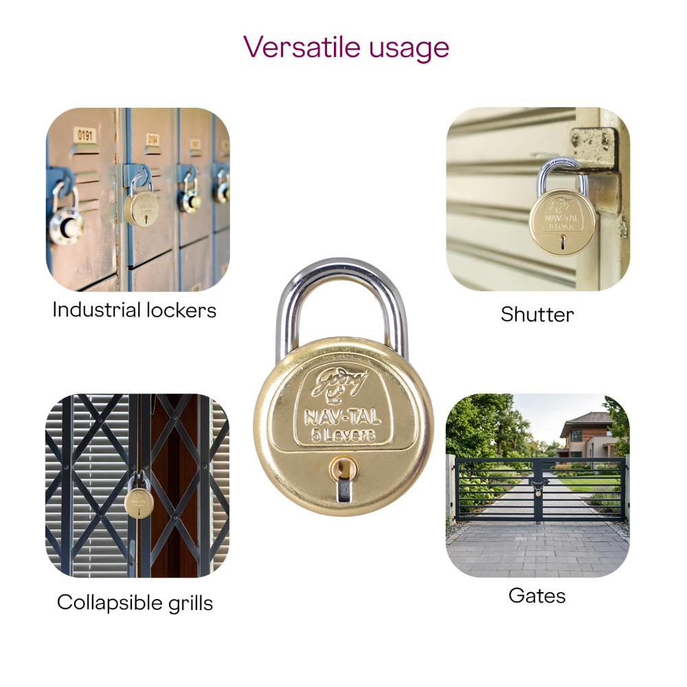 Godrej Padlock | Navtal 8 Lever Brass Padlock 85mm with 3 Keys | Hardened Steel Shackle | Heavy Duty Lock for Main Door, Gates, Shutters, Warehouses, Offices & Industrial Use | 1 Year Warranty